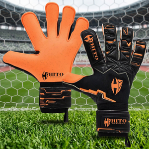 Gants de gardien de but de football en tricot noir et orange, design personnalisé, avec sangle en latex allemand embossé, latex allemand 4 mm, coupe hybride. - Product Image 3