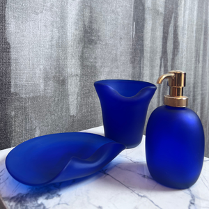 Three Piece Bathroom Set in Frosted Blue Murano Glass with Gold Pump Includes <b>Tumbler</b> Soap Dish and Dispenser Made in Italy - Product Image 2