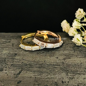 14K Solid <b>Gold</b> Baguette Moissanite <b>Hoop</b> Earring Fine Jewelry. - Product Image 3