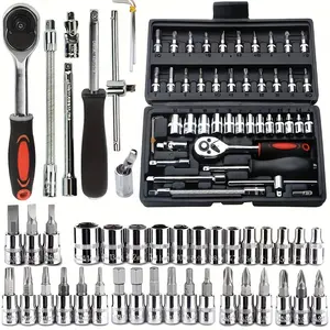 Kit reparasi sepeda, 46 buah alat sepeda perbaikan mobil 1/4 inci kunci pas soket Drive Ratchet torsi Spanner obeng Kit Kombo perbaikan otomatis