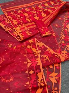 Exclusivo Deshi Dhakai RED Jamdani Sharee Calidad de exportación para mujeres TELA JAMDANI Azul VERDE Dorado Azul cielo de Bangladesh - Product Image 4