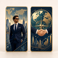 Carte de collection en métal double face personnalisée « Succès d'entreprise » avec cadre doré, globe, carte du monde et silhouette urbaine – Cadeau d'entreprise