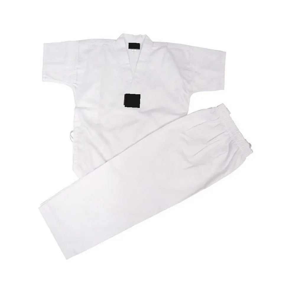 8oz poli katun musim panas (lengan pendek) putih V leher seragam Taekwondo Dobok dengan celana untuk penjualan