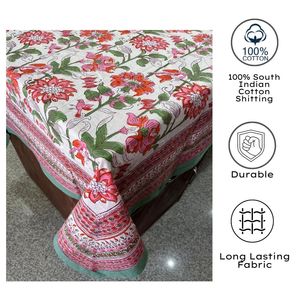 Nappe de table rectangulaire imprimée de bloc de main vert rose floral réutilisable de qualité supérieure de 6 places écologique pour un usage domestique inspiré de l'Inde - Product Image 3