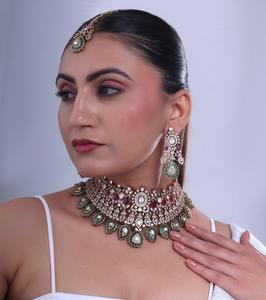 Best Quality Designer Gold Plated Moissanite Stones Look Necklace <b>Set</b> With Earrings Tikka <b>Women</b> Wedding Wear Collection - Product Image 2