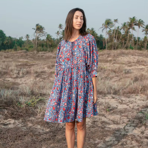 Bleu Floral Main Bloc Imprimer Mini Robe Boho Court Coton Robe D'été Plage Tenue Indien Imprimer Resort Robe Cadeau pour Femme - Product Image 1