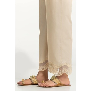 Pantalon beige brodé pour femme, taille haute, avec dentelle, taille élastique ajustable, respirant, motif formel coloré - Product Image 3