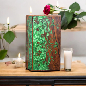 Handmade Rosewood Cremation Urn Green Floral Inlay <b>Memorial</b> <b>Box</b> <b>for</b> human and <b>pets</b> ashes - Product Image 6