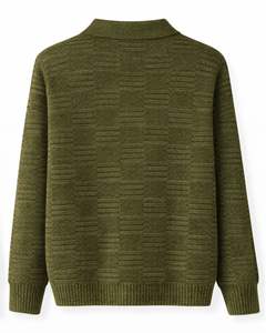 Suéter Polo de Punto Jacquard para Hombre, Manga Larga, Cuello con Botones, Informal, para Invierno, Color Verde Oliva, para Venta al por Mayor - Product Image 2