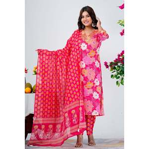 Conjunto de Kurta de Algodón con Estampado Floral Rosa Brillante para Mujer, con Dupatta, Estilo Pakistaní, Lehenga Choli, Ropa Festiva y Étnica - Product Image 3