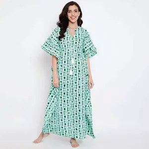 100% Cotton Round Shaped Neck Draw String Waist Half Sleeves Green Striped Batik Hand Block Kaftan