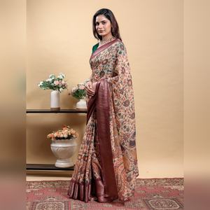 Sari Kalamkari élégant beige pêche avec imprimé paon et bordure marron GG-634 Multicolore Traditionnel - Product Image 2