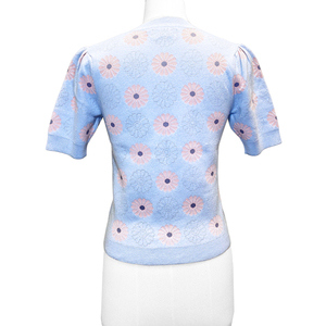 Pull fin en maille de coton et soie SS23 pour femme, motif floral personnalisé, pointelle, manches courtes, col rond, respirant, séchage rapide, collection Printemps - Product Image 2