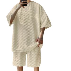 Costume de sport d'été pour homme High Street Plaid Print T-shirt et short à col rond en tricot respirant Ensemble décontracté pour homme deux pièces - Product Image 5