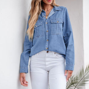 Ropa de verano 2025, camisas vaqueras informales con logotipo personalizado de alta calidad para mujer, camisas vaqueras de manga larga de algodón 100%, tarifa al por mayor - Product Image 6