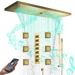 Techo incrustado 36*12 pulgadas música Led cabezal de ducha baño lluvia cascada oro ducha termostática grifo de Ducha