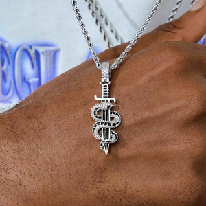 Stainless Steel Iced Out <b>Snake</b> Dagger Pendant with CZ Stones Micro Pave Hip Hop Style - Product Image 1