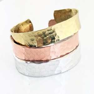 Custom Hammered Brass <b>Bangle</b> Bracelet for Women Wide Copper Cuff in Worn Gold Silver Color - Product Image 3