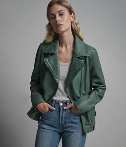 Chaqueta de Cuero de Oveja Verde Salvia para Mujer, Chaqueta de Piloto con Cierre Asimétrico, Forro de Algodón Cortavientos, Cuello Mao, Ropa de Abrigo de Invierno - Product Image 1