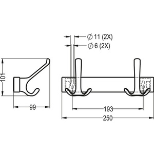 Wall <b>Hook</b> <b>Rail</b> 3 <b>Hooks</b> 96mm Projection Silver Anodized Light Alloy 102mm Height HERMETA - Product Image 3