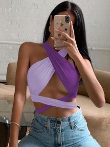 Haut court côtelé côtelé respirant pour femmes longueur courte froncé à lacets haut bandana Cami avec débardeur imprimé croisé - Product Image 6