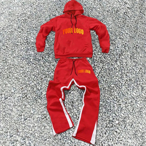 Traje de sudor personalizado de alta calidad con bordado desgastado Pantalones acampanados Joggers y conjunto de Sudadera con capucha Chándal para hombres - Product Image 6