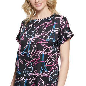 <span class=keywords><strong>T</strong></span>-<span class=keywords><strong>shirt</strong></span> Karl Lagerfeld <span class=keywords><strong>Paris</strong></span> da donna con stampa neon, in jersey nero traspirante, taglia XS, poliestere, stampa digitale, fiocco, logo sexy - Product Image 2