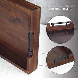 Plateau de rangement en bois massif de qualité supérieure avec poignées latérales en métal noir robustes, cadre profond pour cuisine, salle à manger, table basse, décoration intérieure - Product Image 3