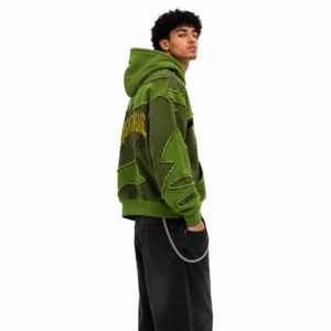 Sweat à capuche oversize personnalisé effet vieilli en molleton épais patchwork streetwear à épaules tombantes - Product Image 3
