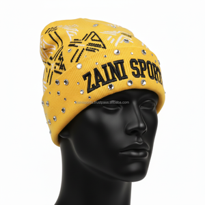Gorro de gorro Premium para hombre, tejido acrílico elástico cálido, estilo amarillo con tachuelas de diamante, gorro jacquard con logotipo bordado personalizado - Product Image 3