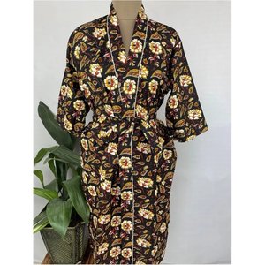 Kimono de algodón Reiner bohemio estampado a mano, vestido de verano con estampado de flores de azafrán negro y diseño de jardín botánico, pareo para traje de baño - Product Image 4