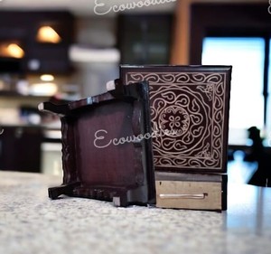 Tabouret Pooja Chowki en bois rouge pour décorations Diwali Articles Navratri puja pour décorations pour la maison Console incrustée d'os - Product Image 2