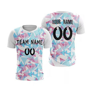 Camiseta de Fútbol Sublimada Blanca, Azul y Rosa, 100% Poliéster, 180 GSM, Tejido Transpirable, Personalizable, para Jóvenes y Adultos, Cuello Alto, Diseño Geométrico - Product Image 1