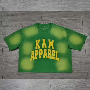 Camiseta de algodón 100% vintage transpirable de gran gramaje para hombre, con parches bordados desgastados, logo lavado al ácido, talla grande y efecto abullonado. - Product Image 3