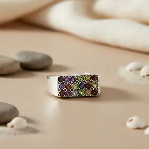 Anillo de Plata con Múltiples Piedras Preciosas para Mujer, Joyería de Moda con Diamantes de Corte Ovalado, Chapado en Oro y Rodio, Engaste de 18K - Product Image 1