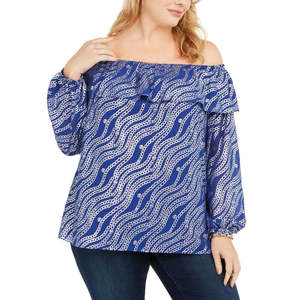 Top da donna Michael Kors taglie forti 2X, blusa e camicia blu stampata con volant e spalle scoperte - Product Image 1