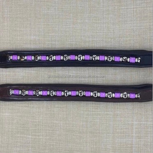 Banda para cejas de caballo de cuero de canal vacío con acabado Premium marrón negro personalizada con perla plateada y cristal decorativo ostentoso - Product Image 2