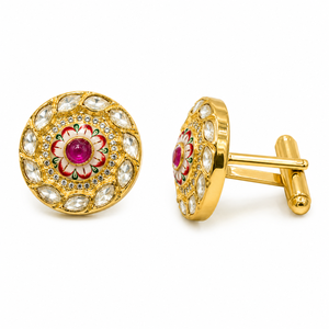 กระดุมข้อมือทองเหลืองสไตล์ Kundan พร้อมงานเคลือบเมนาการิแฮนด์เมด - Product Image 1