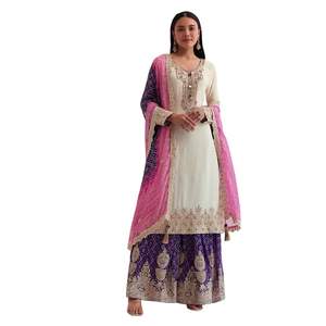 Vente en gros Ensemble Palazzo blanc et violet avec Dupatta rose Vêtements ethniques OEM pour femmes Fournisseur d'usine Tenue de fête personnalisée - Product Image 1