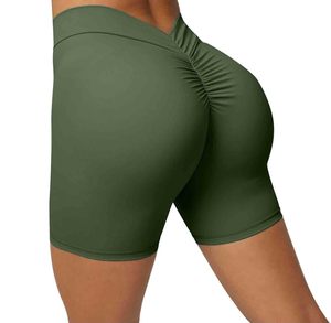 OEM Mid Waist Seamless Solid Green Yoga Shorts Spandex Nylon Elastic Waist Sports Workout Shorts For Women's - Product Image 2
