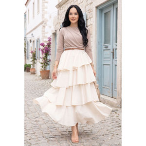 Ecru Pleated A-Line <b>Skirt</b> with Ruffles Breathable Chiffon Spandex Nylon Silk Cotton Fabrics XS Size for Spring Season - Product Image 1