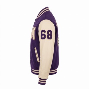 Varsity Jacket Leather Sleeves <b>Purple</b> Cream Chenille Checkered Flag Patch Wool Body Genuine Leather Custom Letterman OEM - Product Image 3