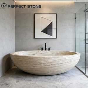 Vasca da Bagno Ovale in Travertino PerfectStone, Vasca Freestanding Solida per Bagno Residenziale Moderno - Product Image 1
