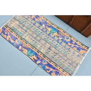 Alfombra Turca Vintage de Lana Azul, 1.9x3.6 pies (59x110 cm) - Product Image 4