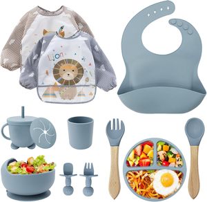 Ensemble de 11 pièces d'assiettes et tasses pour bébé, couverts pour enfants, ensembles de vaisselle, cuillère pour bébé, bavoir <span class=keywords><strong>en</strong></span> <span class=keywords><strong>silicone</strong></span>, assiette <span class=keywords><strong>en</strong></span> <span class=keywords><strong>silicone</strong></span> antidérapante sans BPA - Product Image 1