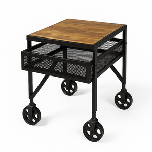 Table d'appoint en bois de manguier et métal |   Salon industriel de style loft |   Roues de tiroir en maille de rangement, meubles rustiques modernes, Akku Art Exports - Product Image 1