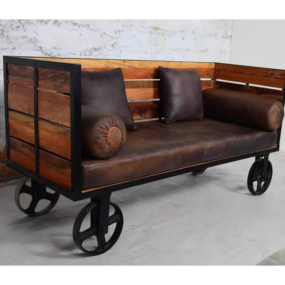 Vintage industrielle Wohnzimmer möbel Echtes Leders ofa mit Rädern Zweisitzer-Luxus-Sofa im modernen Stil