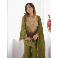 Conjunto de Kurta Sharara de Organza de la Mejor Calidad al por Mayor, Bordado Intenso, Tradicional, de Secado Rápido, para Todas las Temporadas, para Mujer, para Fiestas