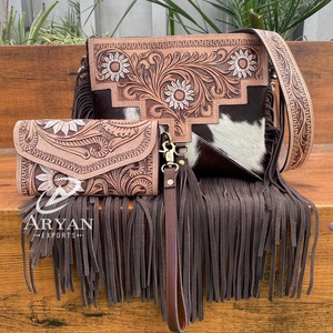 Bolso de hombro con flecos de piel de vaca genuina recién llegado personalizado y bolso de mano de alta calidad Conjunto Combinado de 2 piezas para mujer - Product Image 1