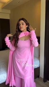 Elegant <b>Pink</b> Georgette <b>Salwar</b> <b>Kameez</b> Plazo Fancy Lace Detailing Traditional Style Quick Dry All Seasons Festive Parties Mehendi - Product Image 6